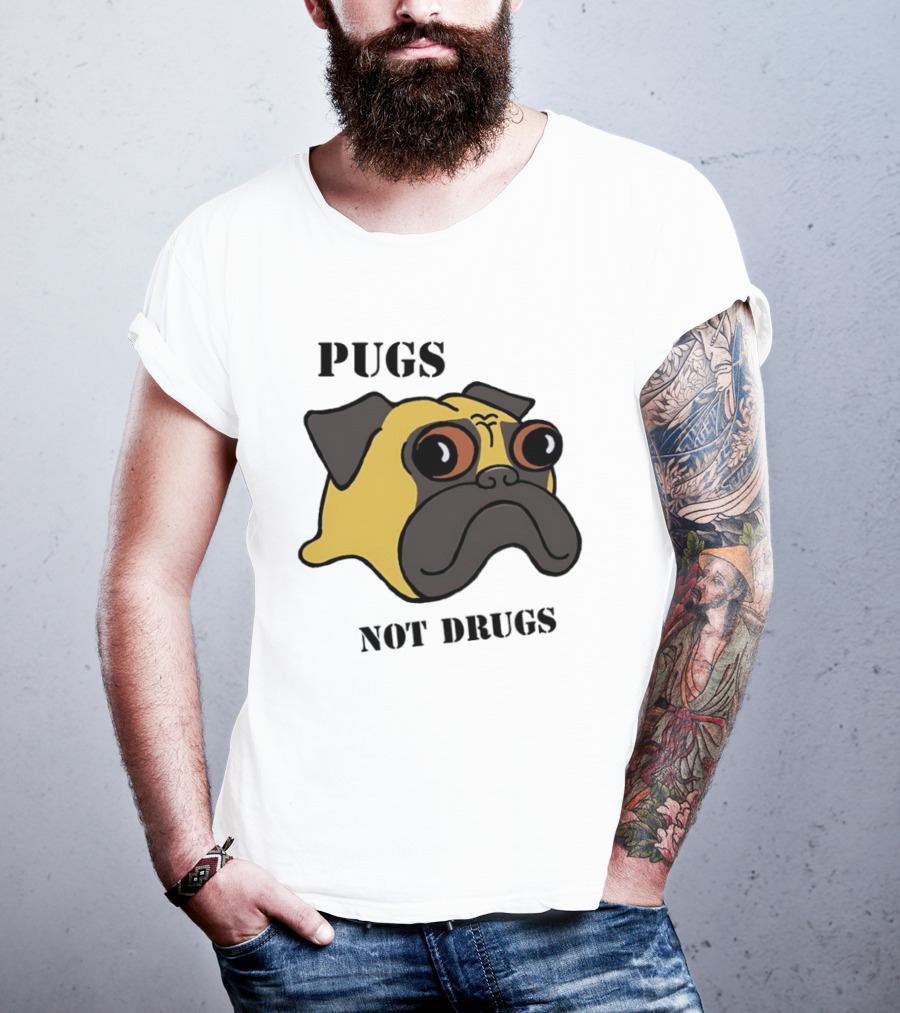 Pugs Not Drugs Cartoon Dog Face Funny Anti Drug Message T-Shirt