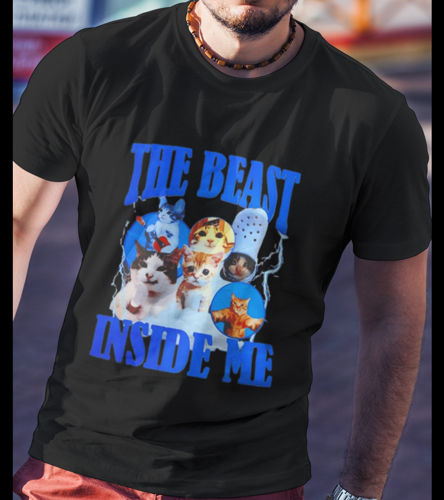 The Beast Inside Me Cat Collage With Blue Electric Accents T-Shirt