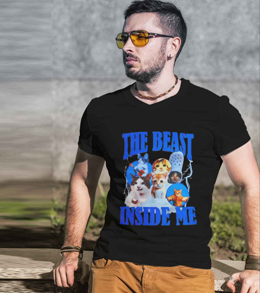 The Beast Inside Me Cat Collage With Blue Electric Accents T-Shirt