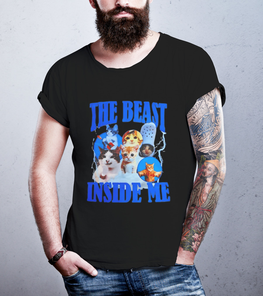 The Beast Inside Me Cat Collage With Blue Electric Accents T-Shirt