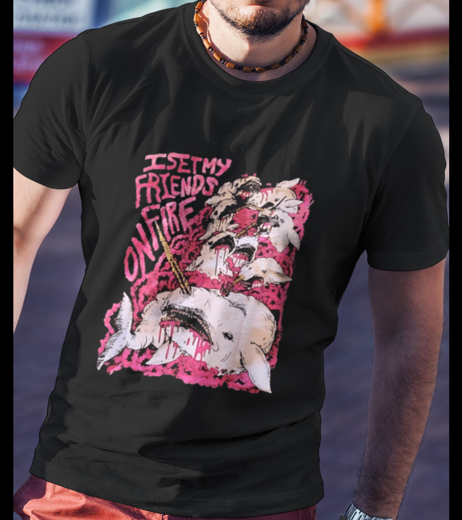 I Set My Friends On Fire Narwhal Pink And White T-Shirt