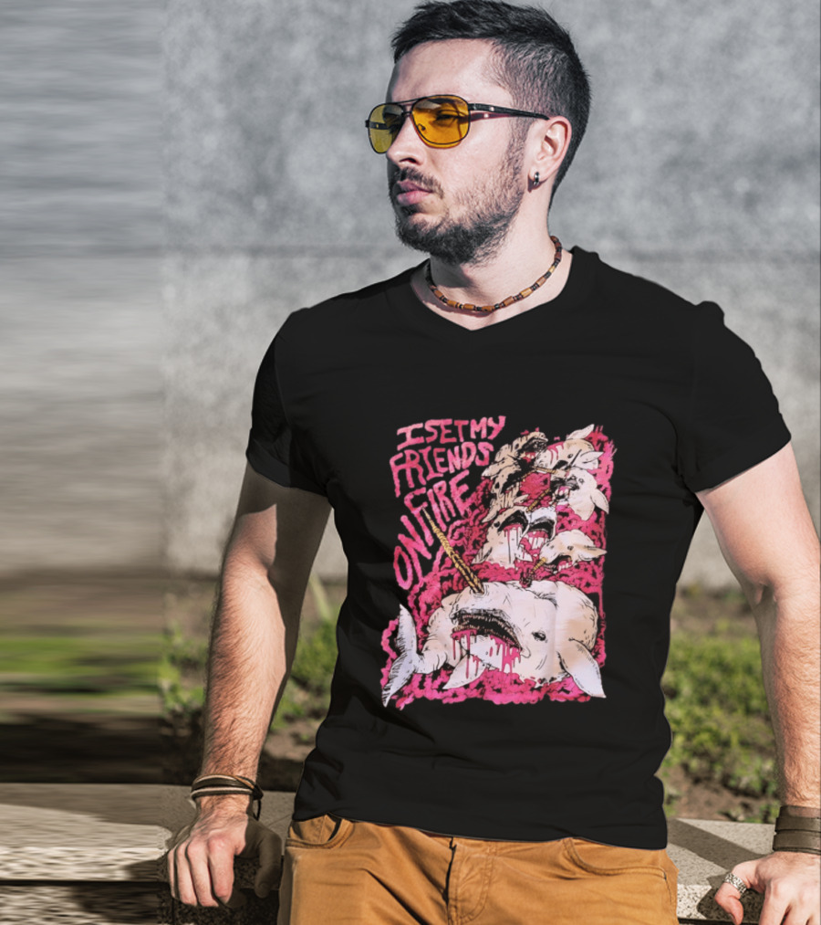 I Set My Friends On Fire Narwhal Pink And White T-Shirt