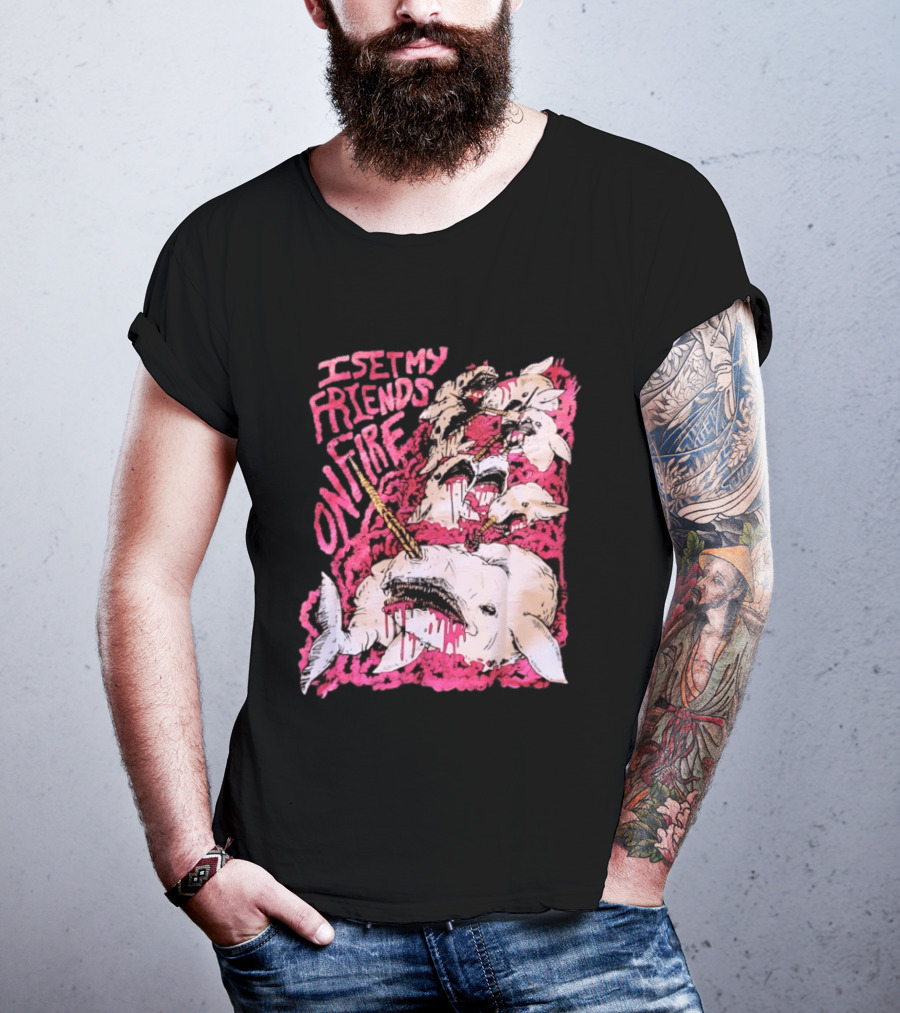 I Set My Friends On Fire Narwhal Pink And White T-Shirt