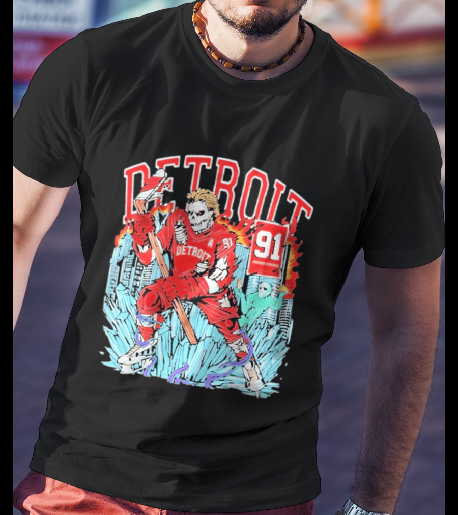 Detroit Hockey 91 Skeleton Player Red Jersey Cityscape Flame T-Shirt