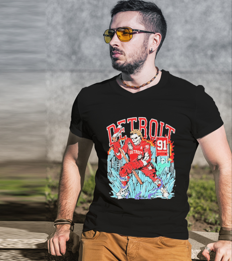 Detroit Hockey 91 Skeleton Player Red Jersey Cityscape Flame T-Shirt