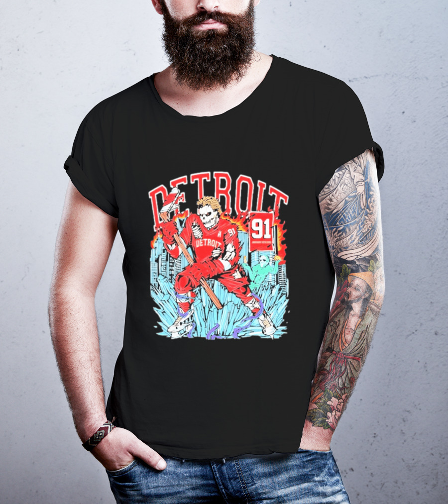 Detroit Hockey 91 Skeleton Player Red Jersey Cityscape Flame T-Shirt
