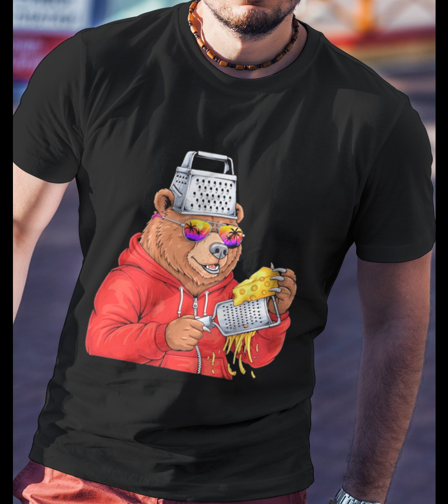 Bear With Cheese Grater Hat And Sunglasses With Bright Palm Tree Reflection T-Shirt