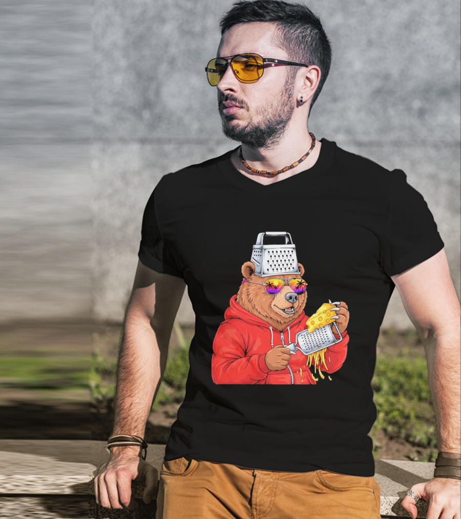 Bear With Cheese Grater Hat And Sunglasses With Bright Palm Tree Reflection T-Shirt