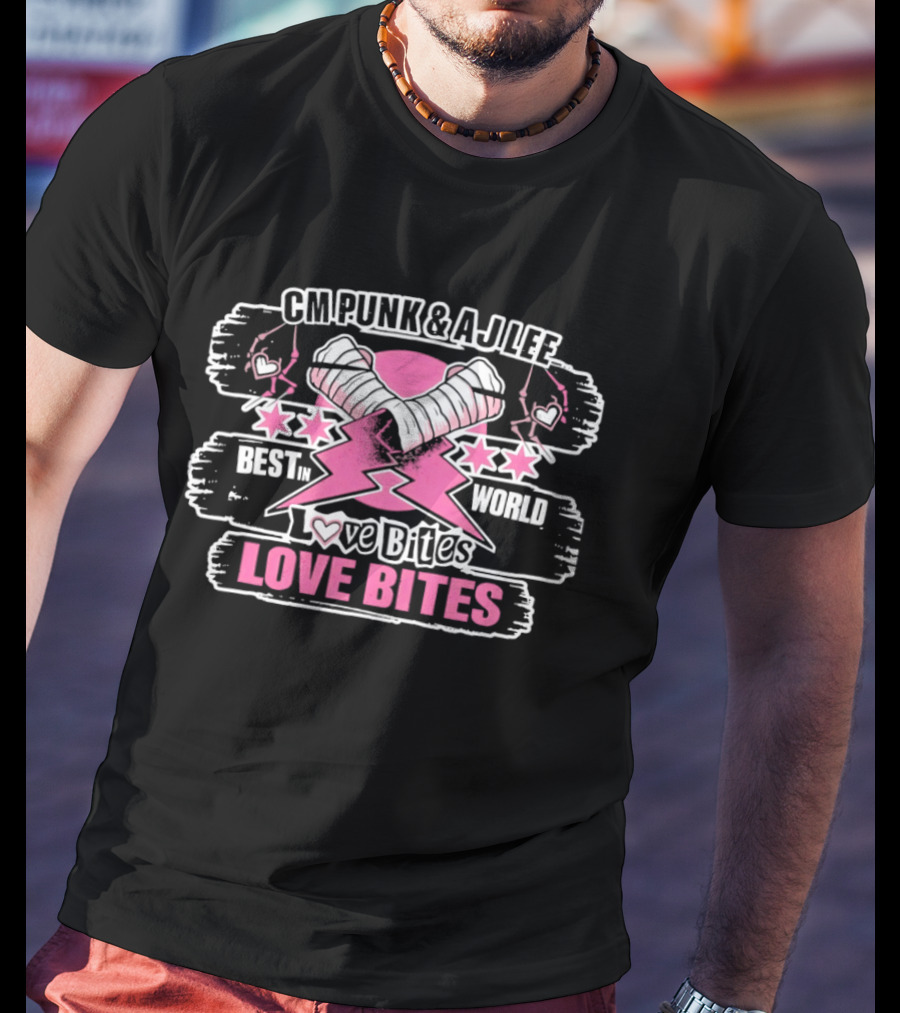 CM Punk AJ Lee Best In The World Love Bites Pink Heart Stars T-Shirt