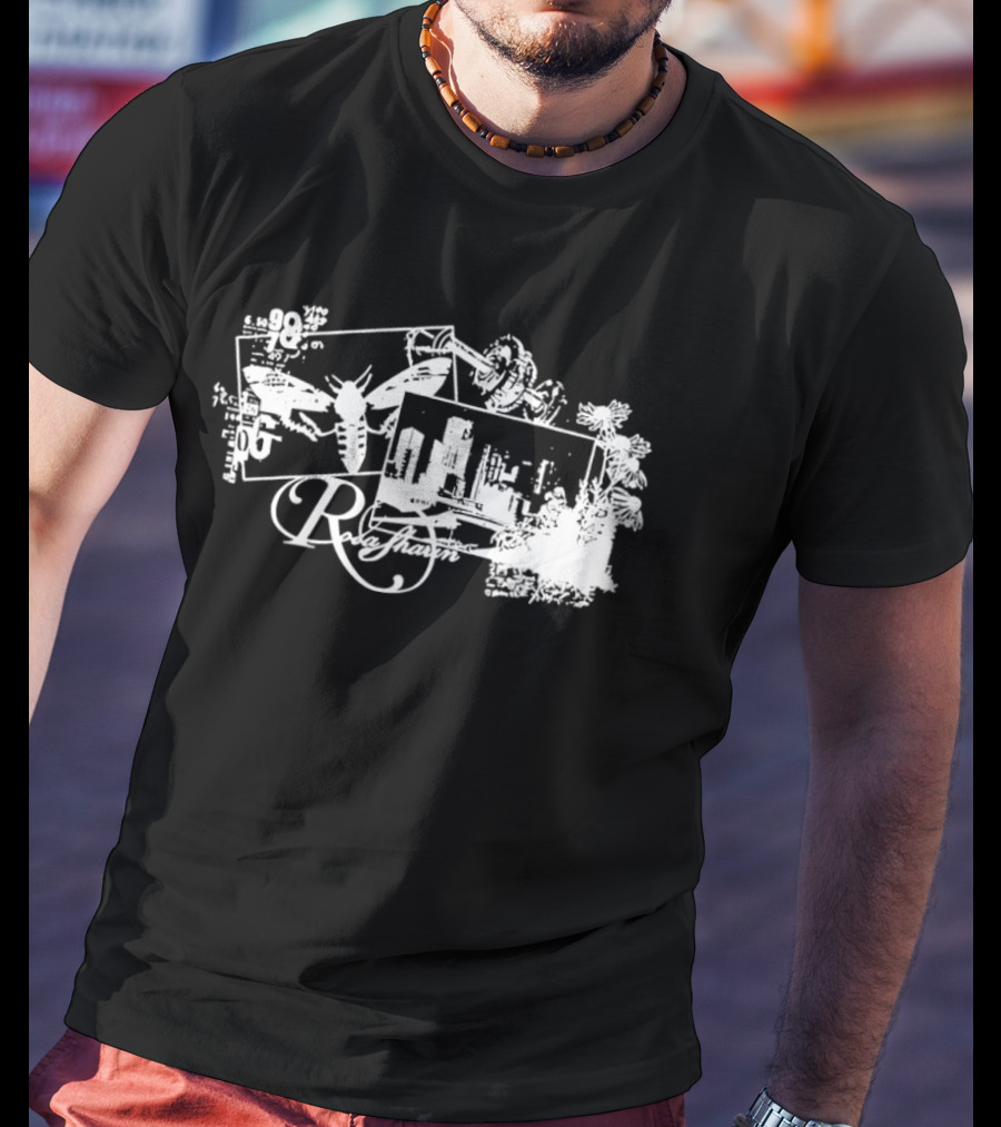 R Rosasharin Collage R Script Butterfly Cityscape White T-Shirt