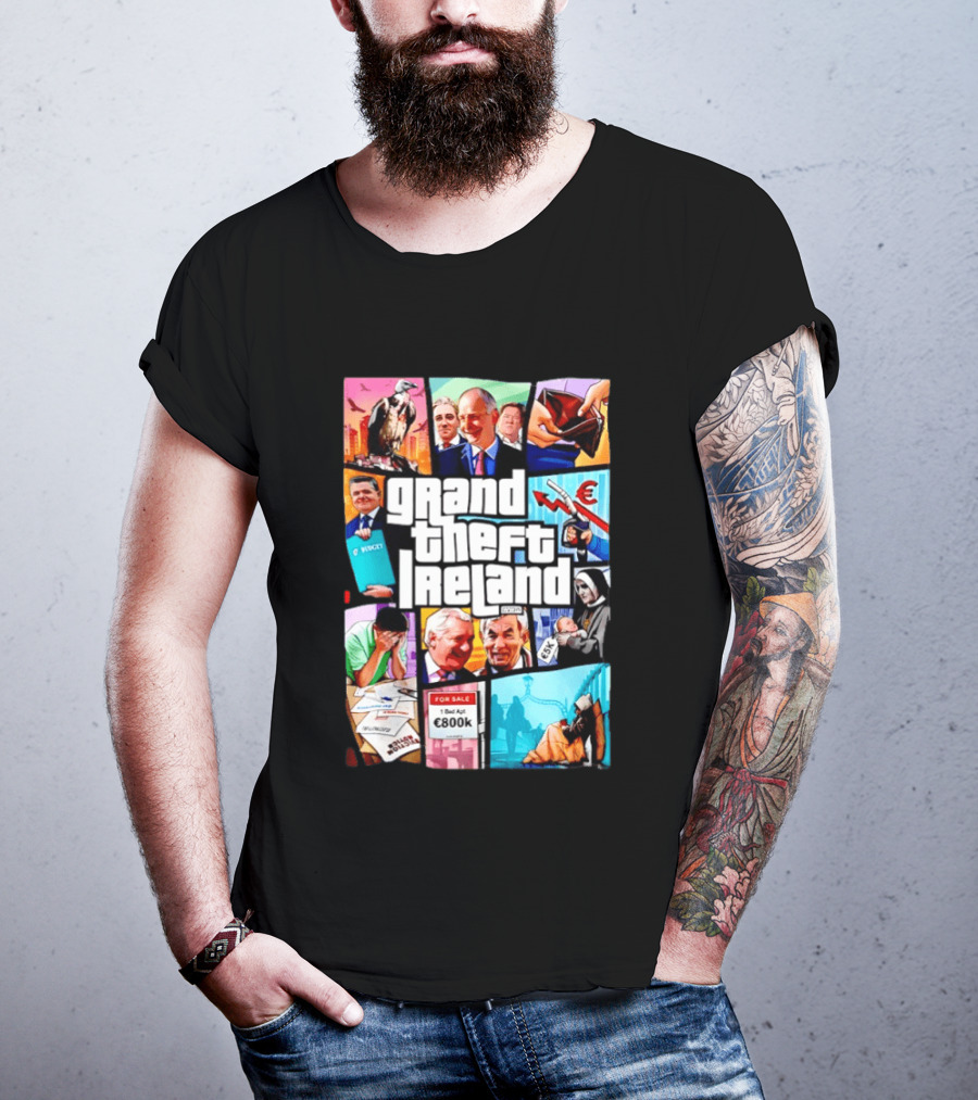 Grand Theft Ireland GTA 5 Parody Satire Style Illustration Irish Economy Politics Humor T-Shirt