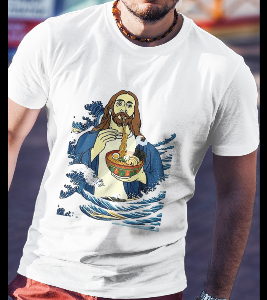 God Eats Ramen Jesus Wave Meme With Bowl Of Noodles T-Shirt