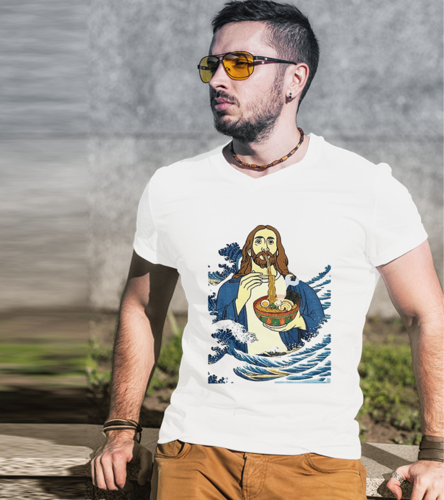 God Eats Ramen Jesus Wave Meme With Bowl Of Noodles T-Shirt