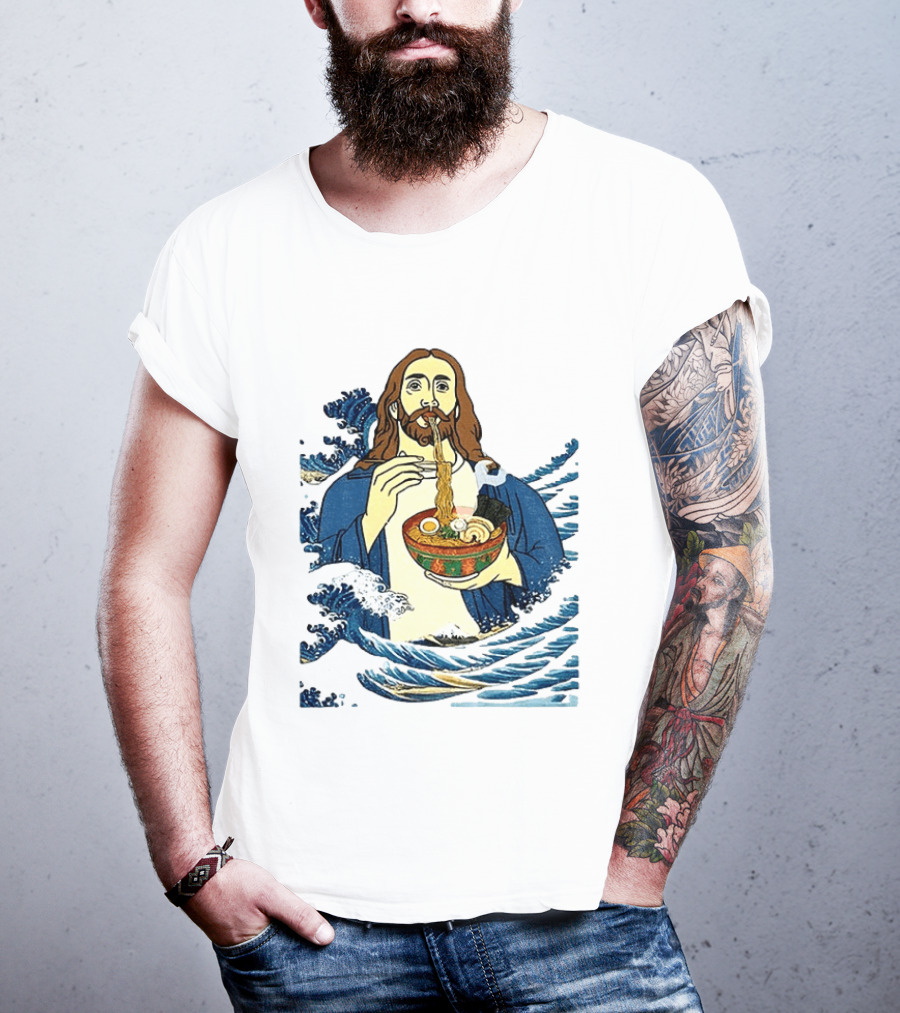 God Eats Ramen Jesus Wave Meme With Bowl Of Noodles T-Shirt