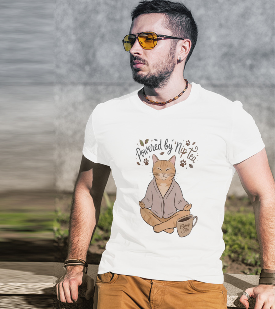 Powered By Nip Tea Catnip Tea Meditating Cat With Paw Prints T-Shirt