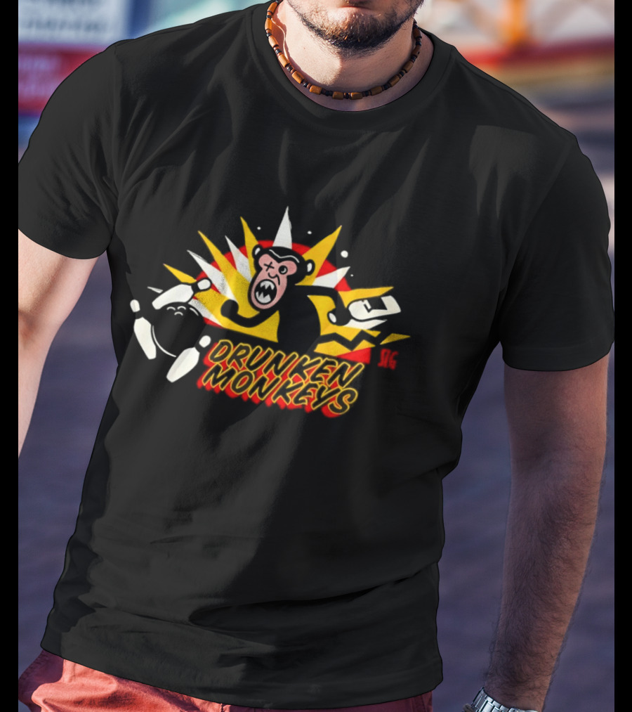 Drunken Monkeys Colorful Fun Party Scene With Monkey And Bottles T-Shirt
