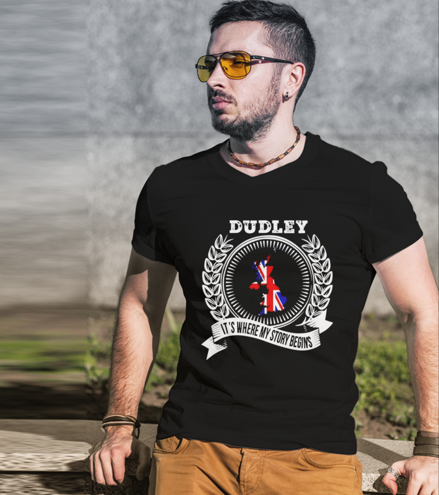 Dudley It's Where My Story Begins UK Map Union Jack Laurel T-Shirt