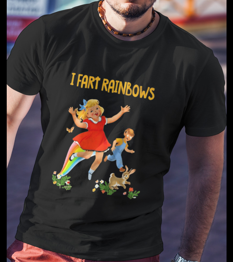 I Fart Rainbows Vintage Retro Kids Playing Butterflies Rabbits Flowers T-Shirt