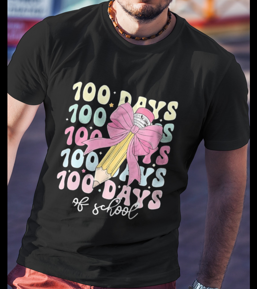 100 Days Of School Pink Bow Pencil Celebration T-Shirt