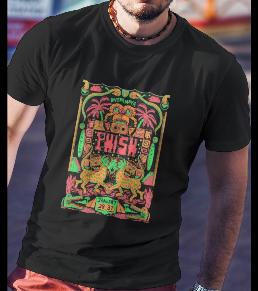 Phish Riviera Maya Cancun Mexico January 28 31 2026 Vibrant Neon Aztec Inspired Tropical T-Shirt