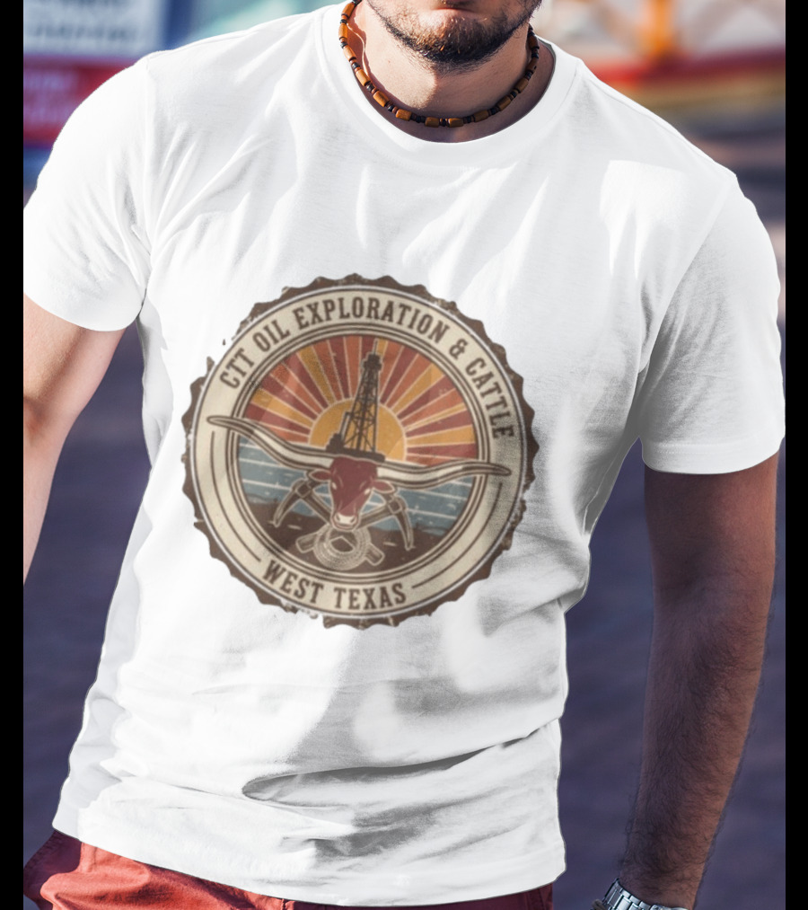 CTT Oil Exploration And Cattle West Texas Landman Sunset Oil Rig And Longhorn T-Shirt