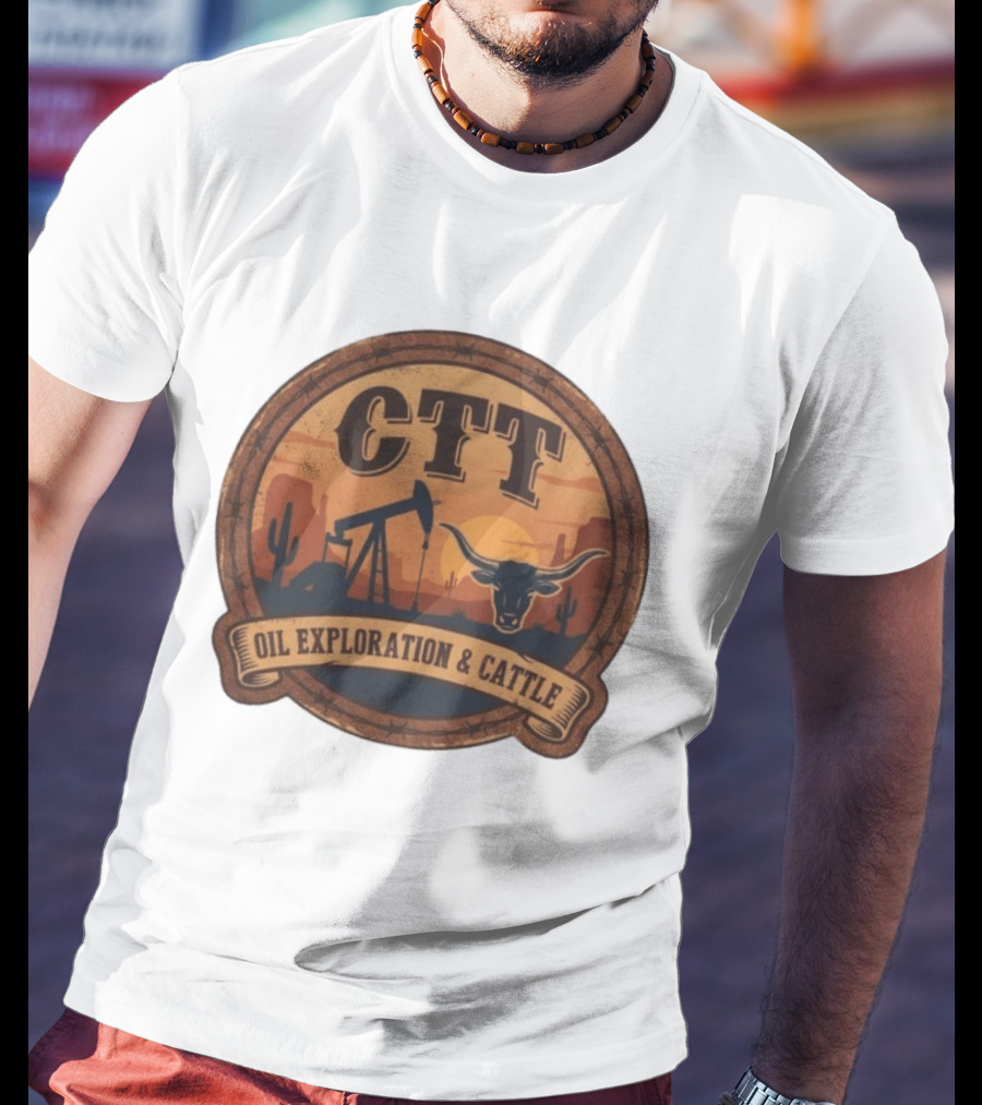 CTT Oil Exploration & Cattle West Texas Sunset Pumpjack And Longhorn Desert Scene T-Shirt