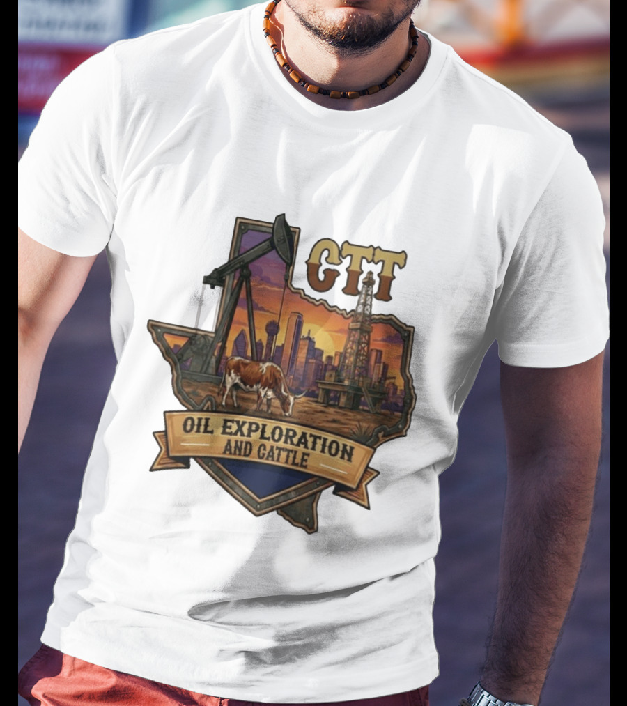 Texas CTT Oil Exploration Cattle Sunset Skyline T-Shirt