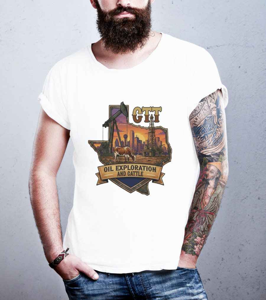 Texas CTT Oil Exploration Cattle Sunset Skyline T-Shirt