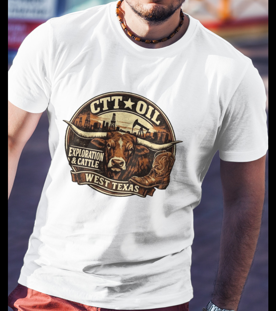 CTT Oil Exploration And Cattle West Texas Longhorn Boot Iconography T-Shirt
