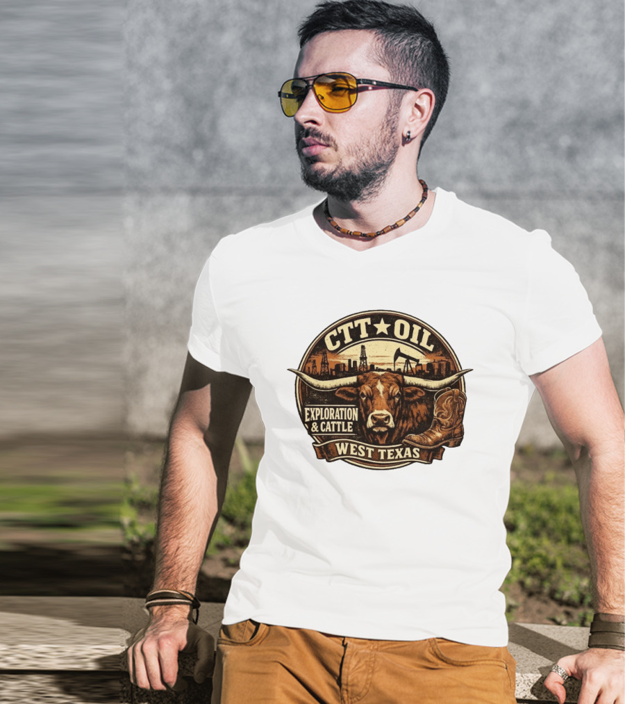 CTT Oil Exploration And Cattle West Texas Longhorn Boot Iconography T-Shirt
