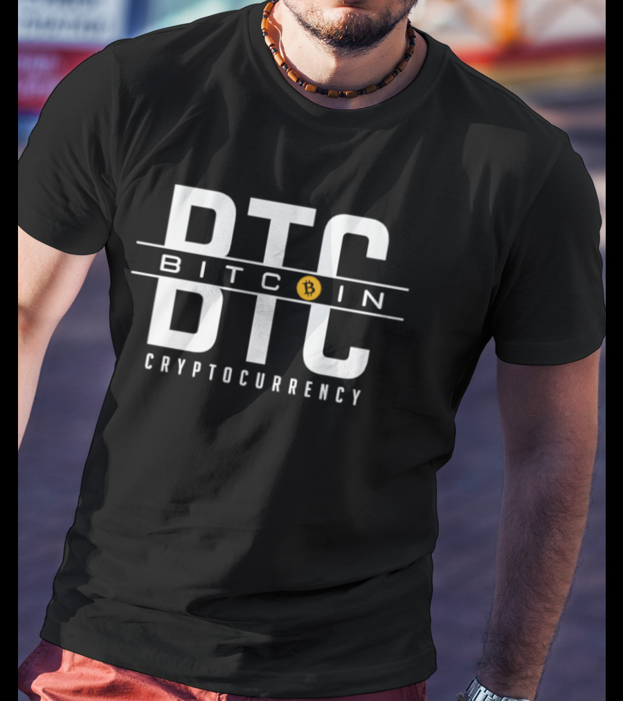 BTC Bitcoin Cryptocurrency Bold White Text With Orange Circle Accent T-Shirt
