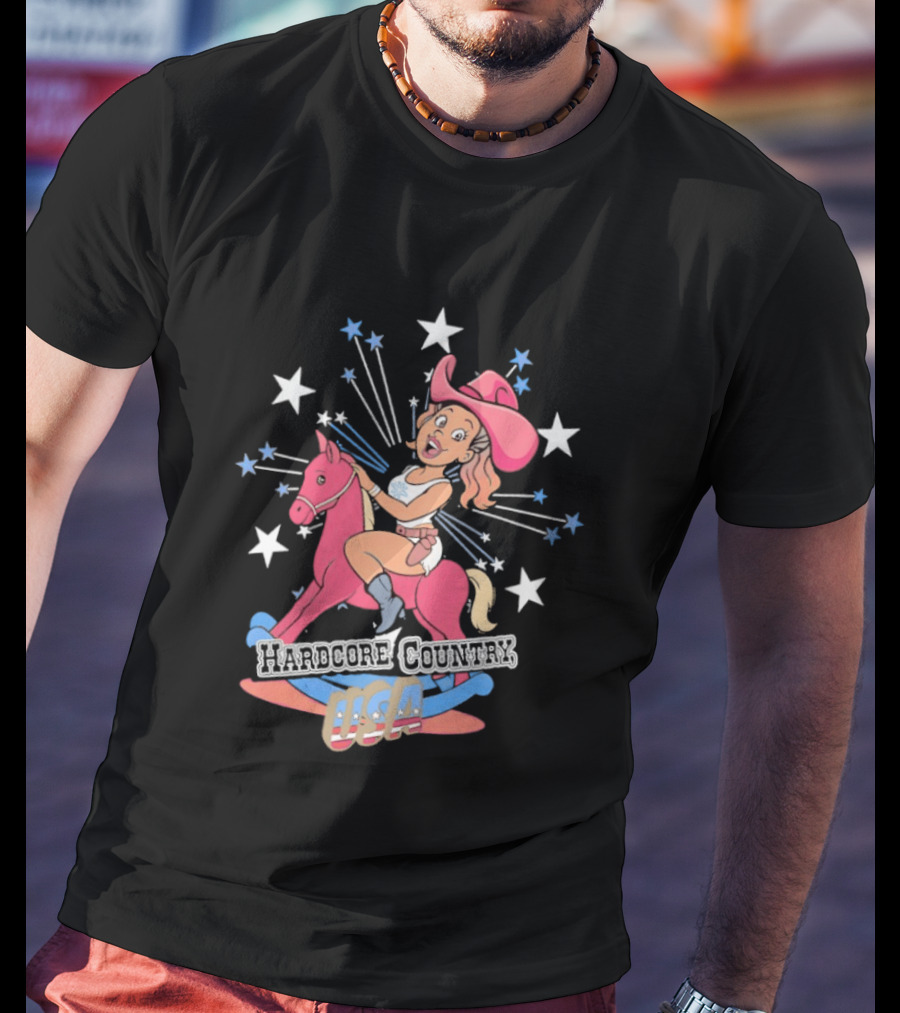 Hardcore Country USA Cowgirl Riding Pink Horse With Stars T-Shirt