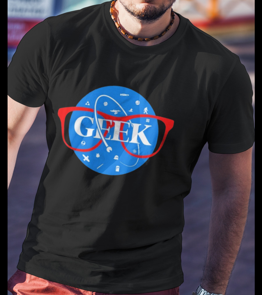 Geek Glasses Space Icons Distressed Patch T-Shirt