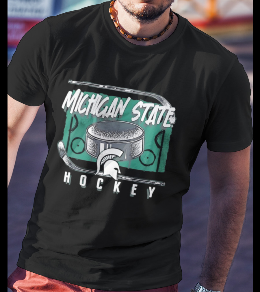 Michigan State Spartans Hockey Puck With Spartan Helmet And Sticks T-Shirt