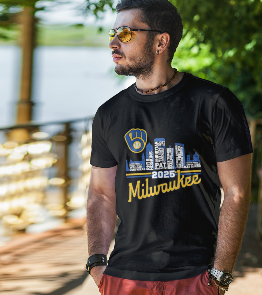 Milwaukee Brewers 2025 City Skyline Baseball Players Names T-Shirt