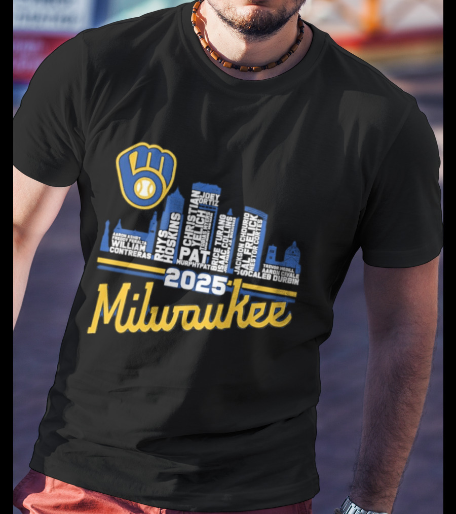 Milwaukee Brewers 2025 City Skyline Baseball Players Names T-Shirt