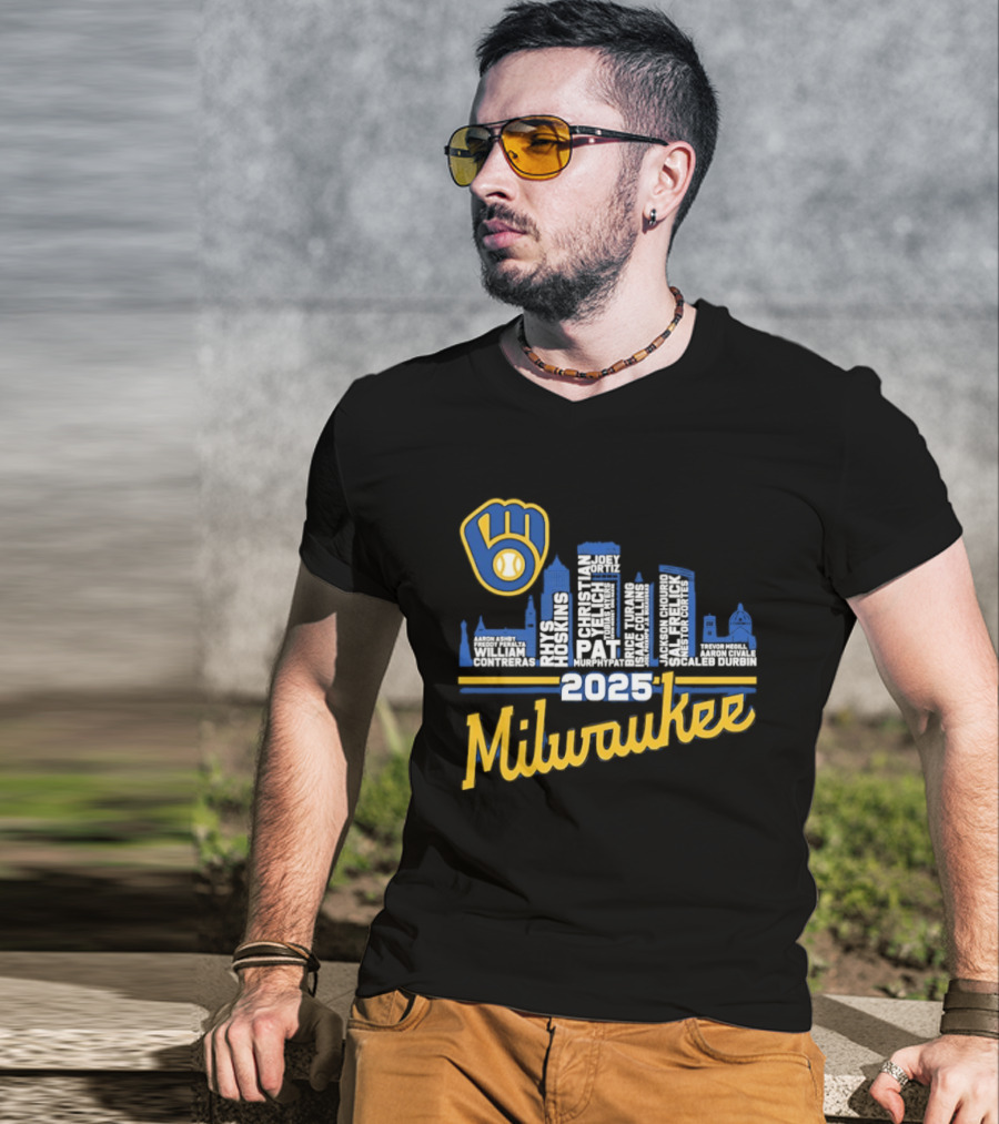 Milwaukee Brewers 2025 City Skyline Baseball Players Names T-Shirt