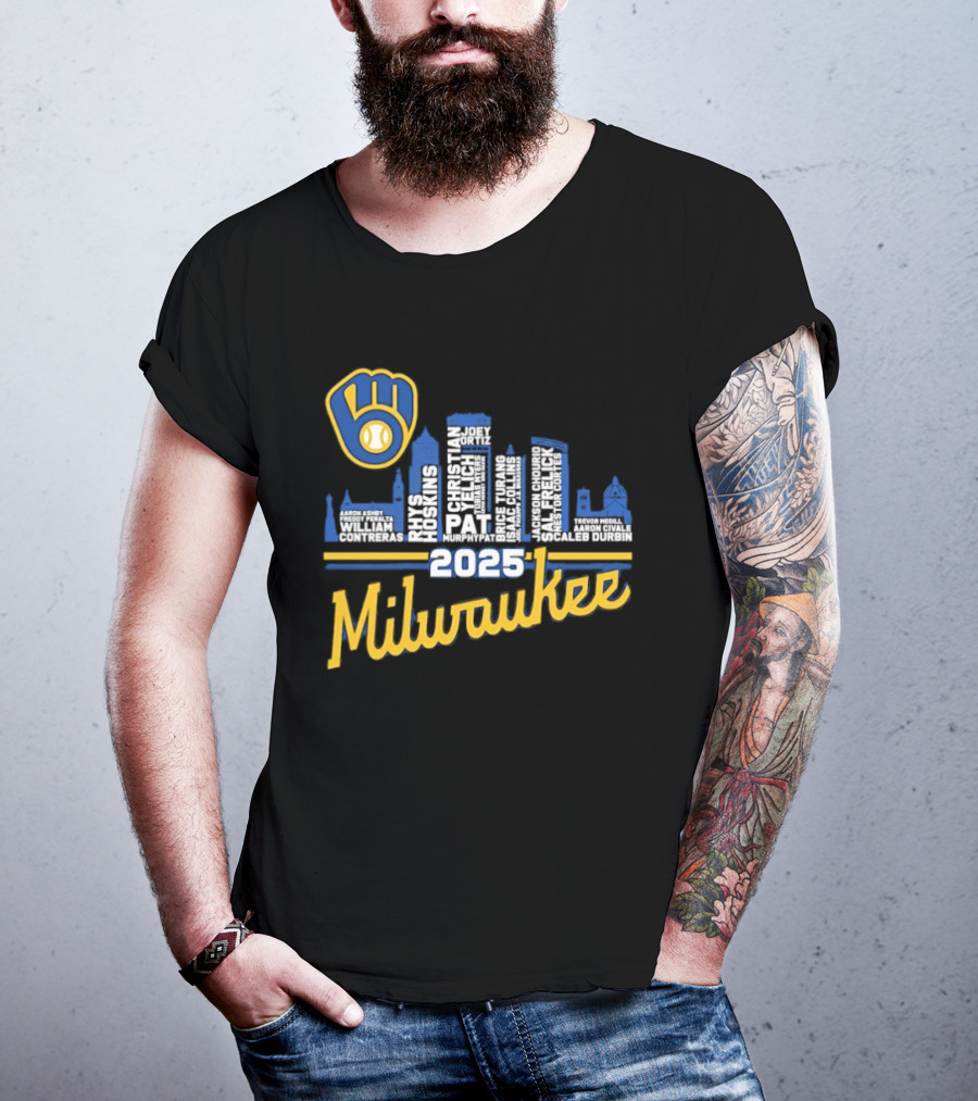 Milwaukee Brewers 2025 City Skyline Baseball Players Names T-Shirt
