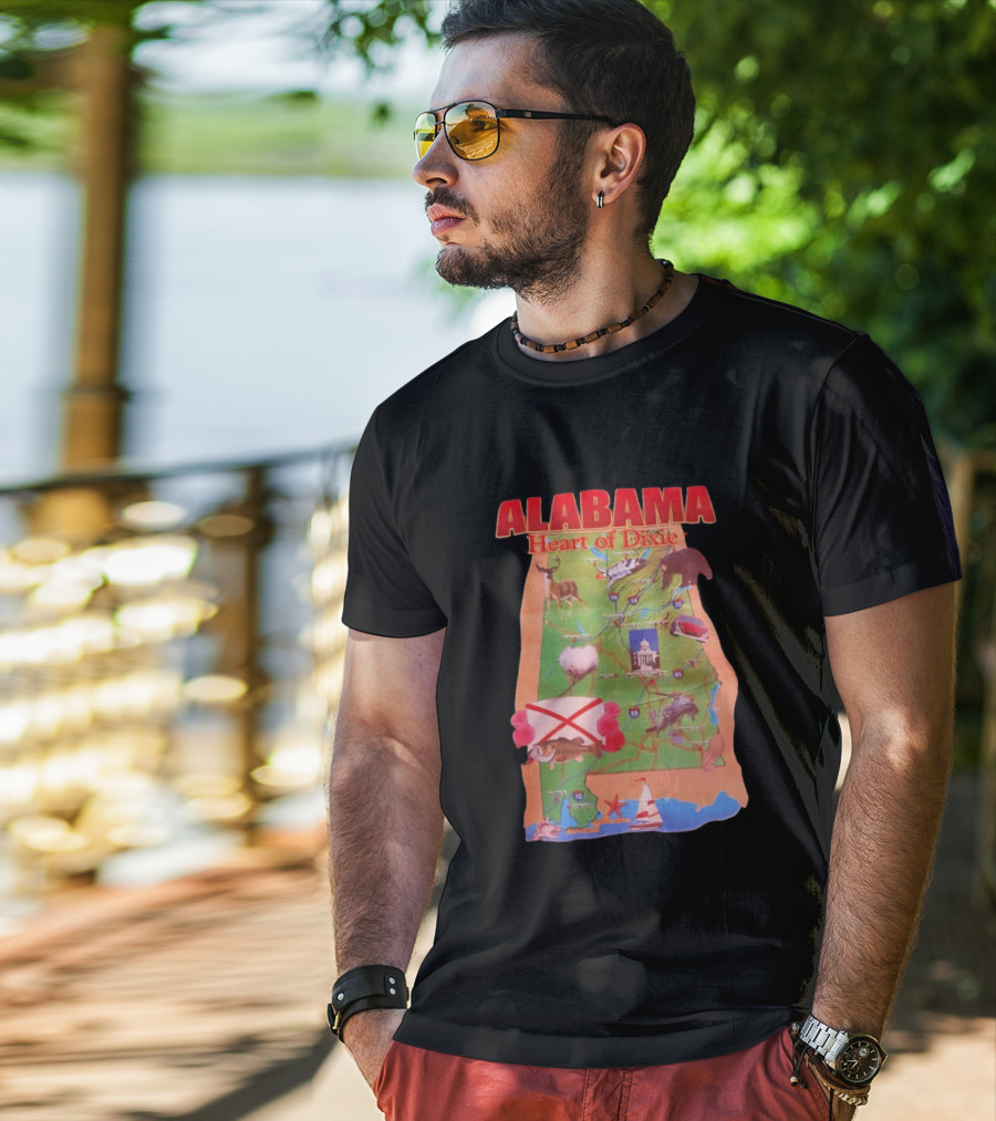 Alabama Heart Of Dixie Map Landmarks And Wildlife T-Shirt
