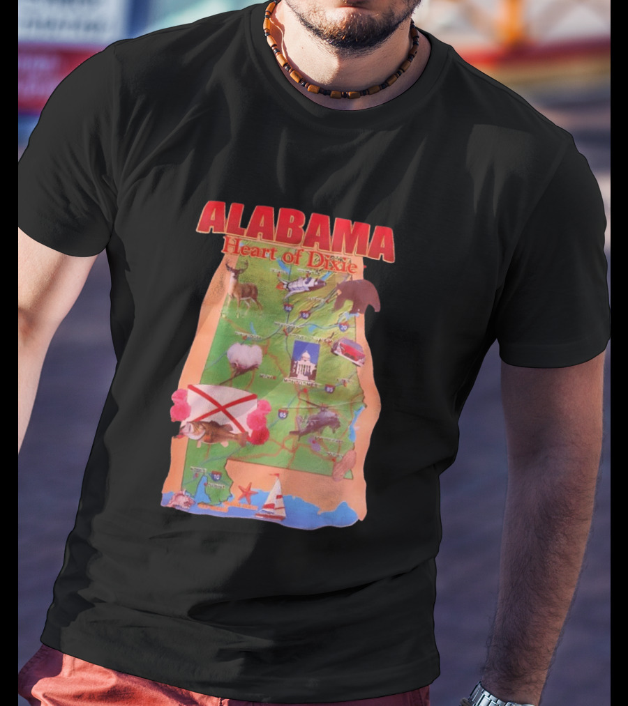 Alabama Heart Of Dixie Map Landmarks And Wildlife T-Shirt