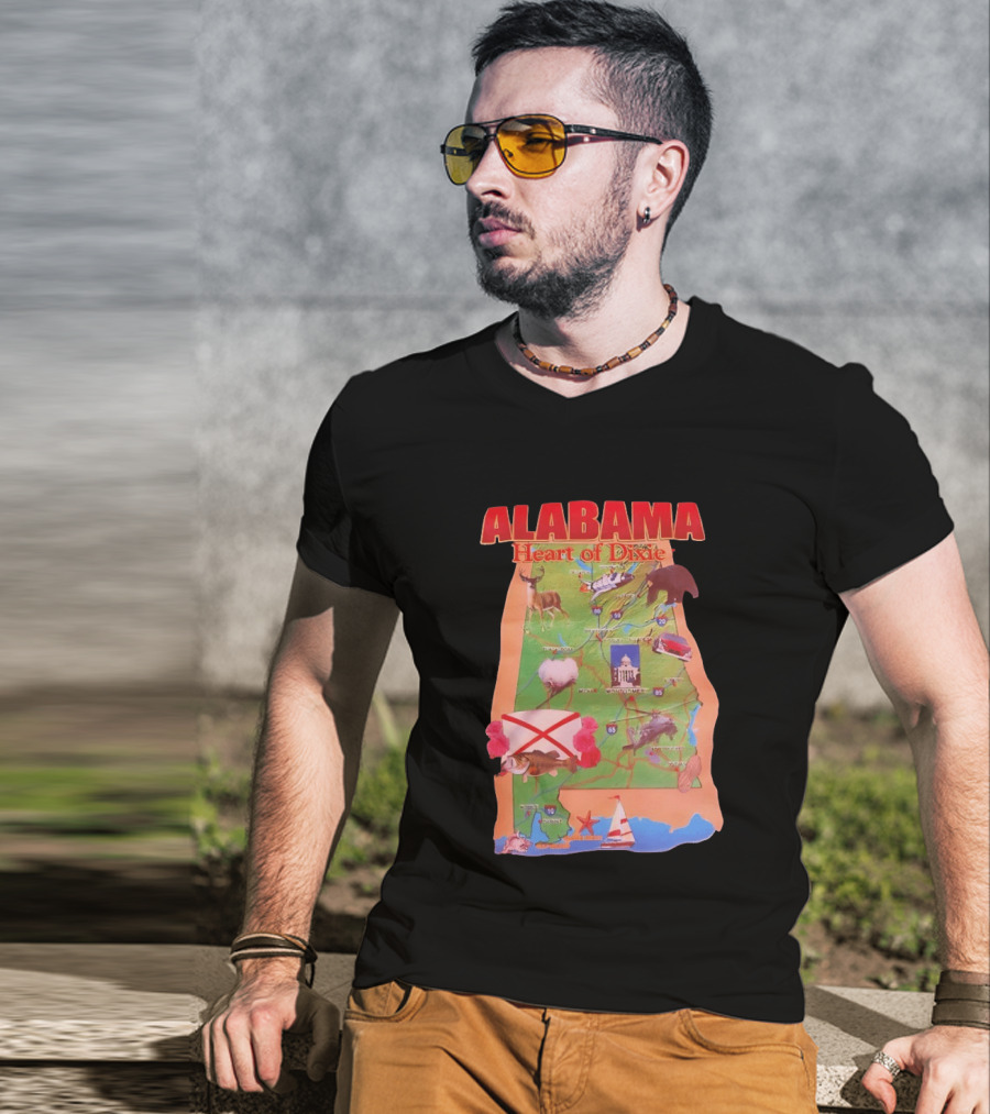 Alabama Heart Of Dixie Map Landmarks And Wildlife T-Shirt