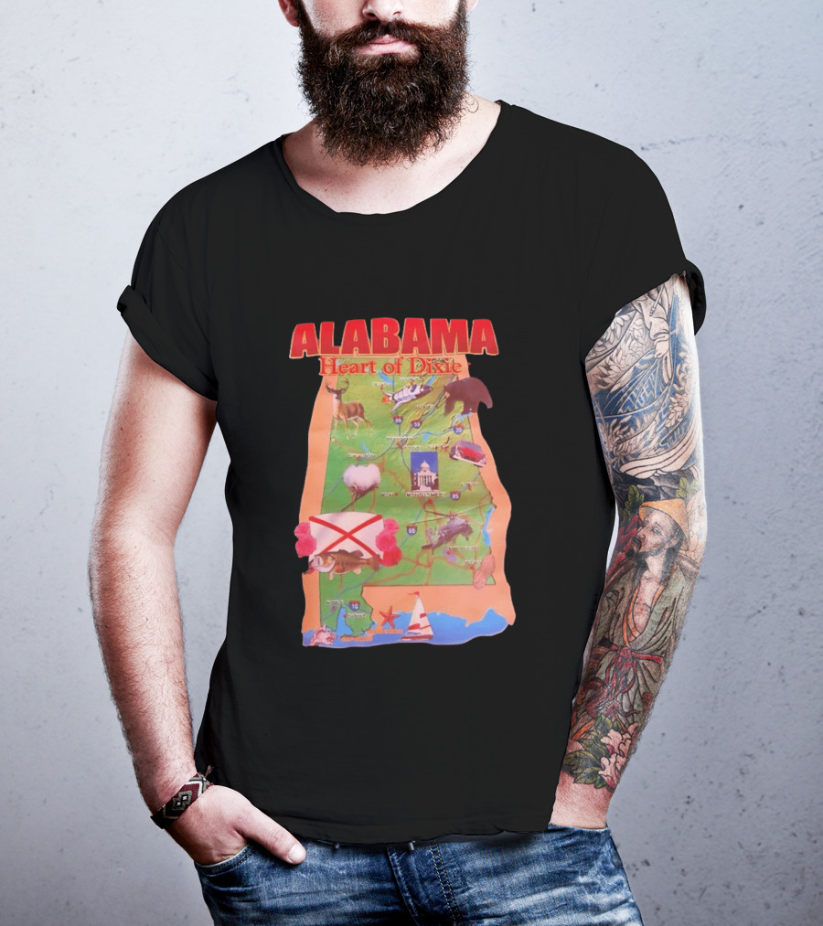 Alabama Heart Of Dixie Map Landmarks And Wildlife T-Shirt