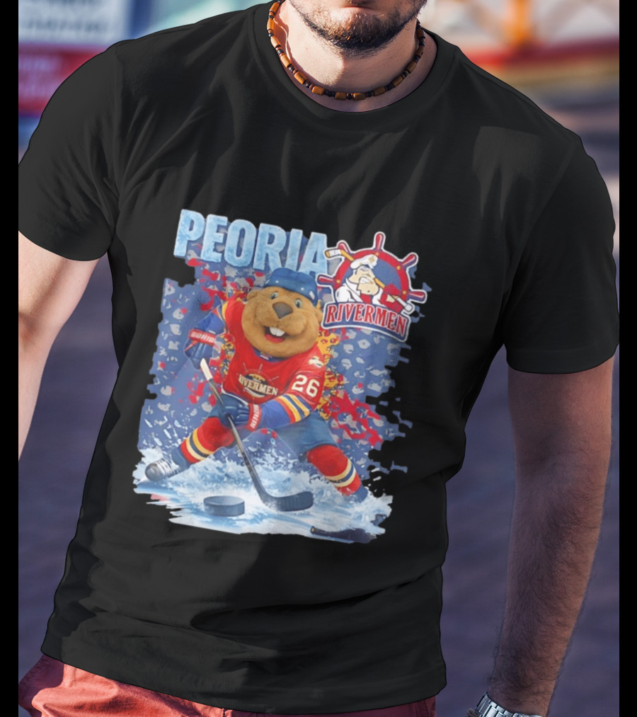 Rocky Peoria Rivermen Hockey Beaver Mascot Skating T-Shirt