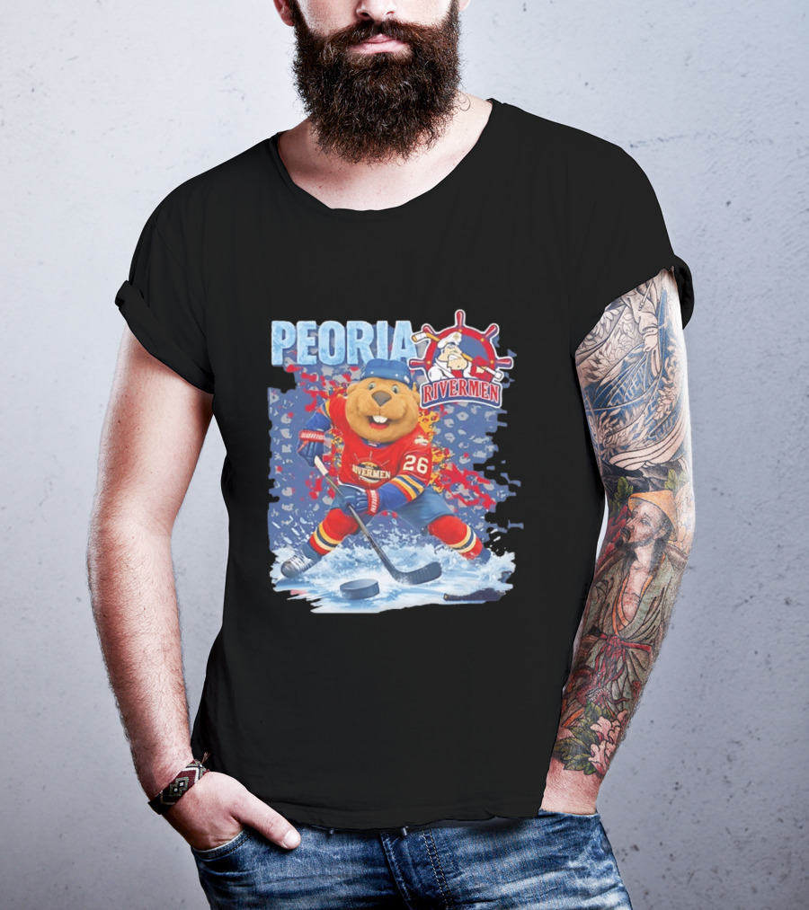 Rocky Peoria Rivermen Hockey Beaver Mascot Skating T-Shirt