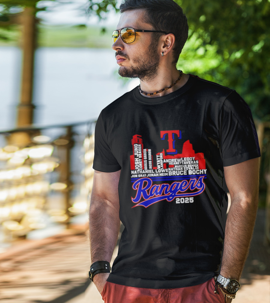 Texas Rangers 2025 City Skyline Players Names Bruce Bochy T-Shirt