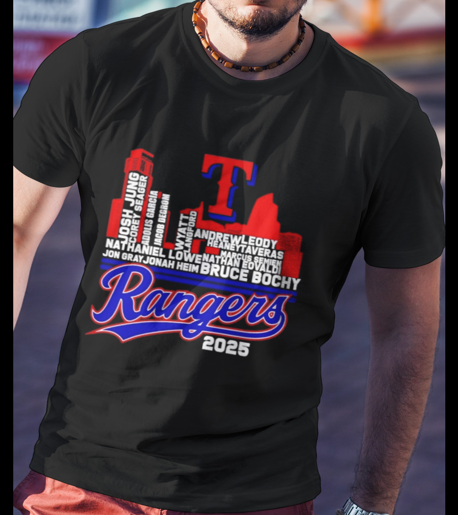 Texas Rangers 2025 City Skyline Players Names Bruce Bochy T-Shirt