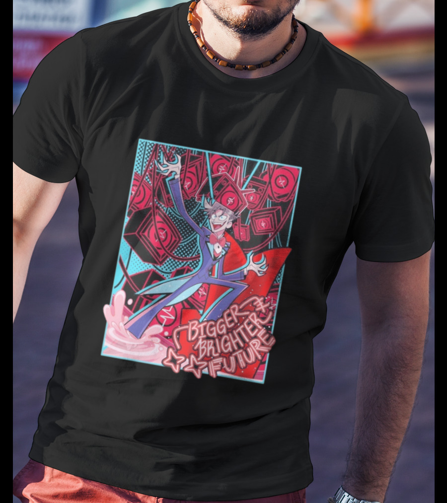 Bigger Brighter Future Character With Energetic Imagery And Vintage TV Motif T-Shirt