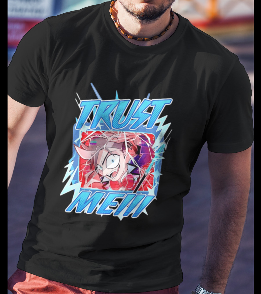 Hazbin Hotel Trust Me Cartoon Expression Blue Lightning T-Shirt
