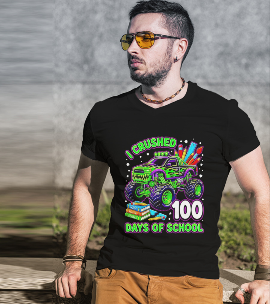 I Crushed 100 Days Of School Monster Truck Math Reading Science Book T-Shirt