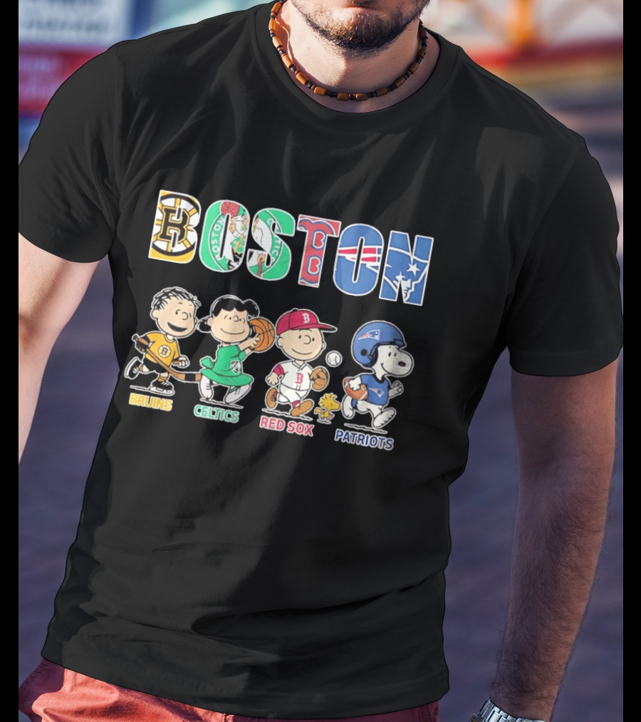 Peanuts Characters In Boston Bruins Celtics Red Sox Patriots Team T-Shirt
